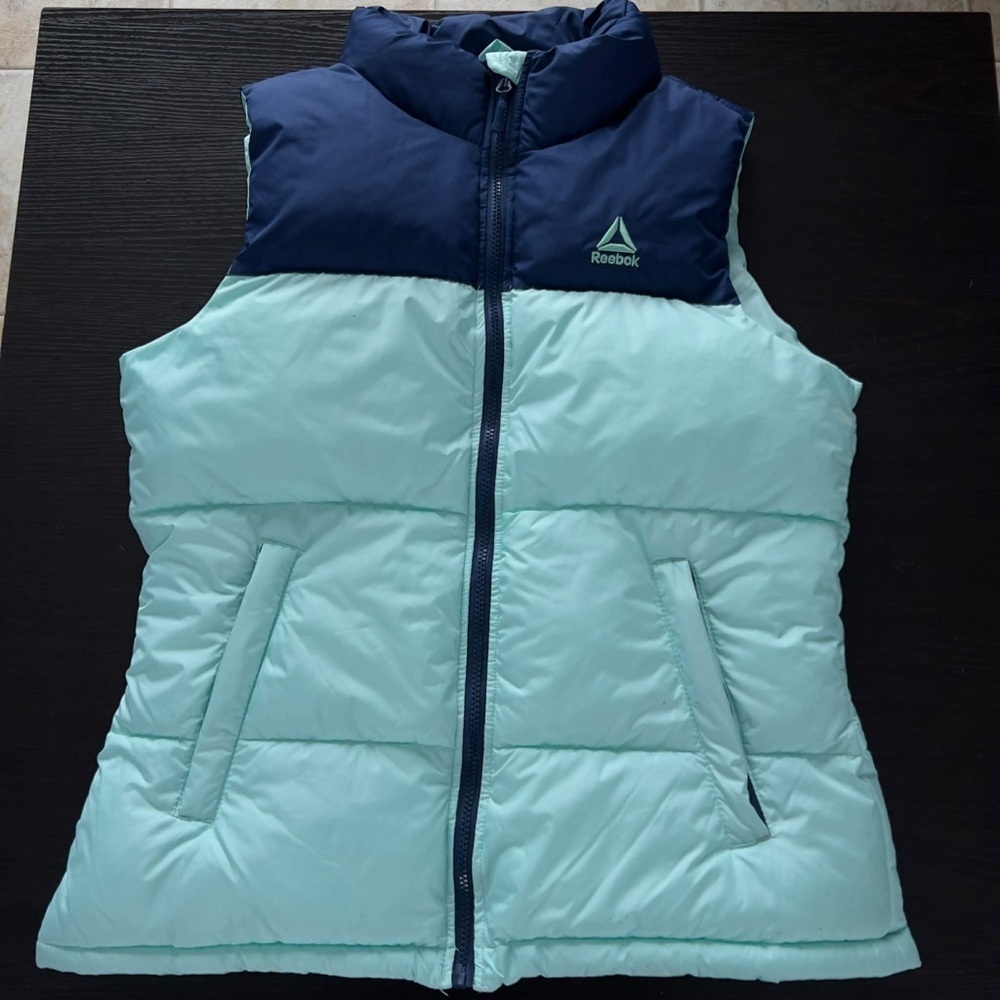 Reebok Puffer Vest Mint Green Navy Blue Gorpcore Athleisure Sporty Chic - Picture 2 of 6